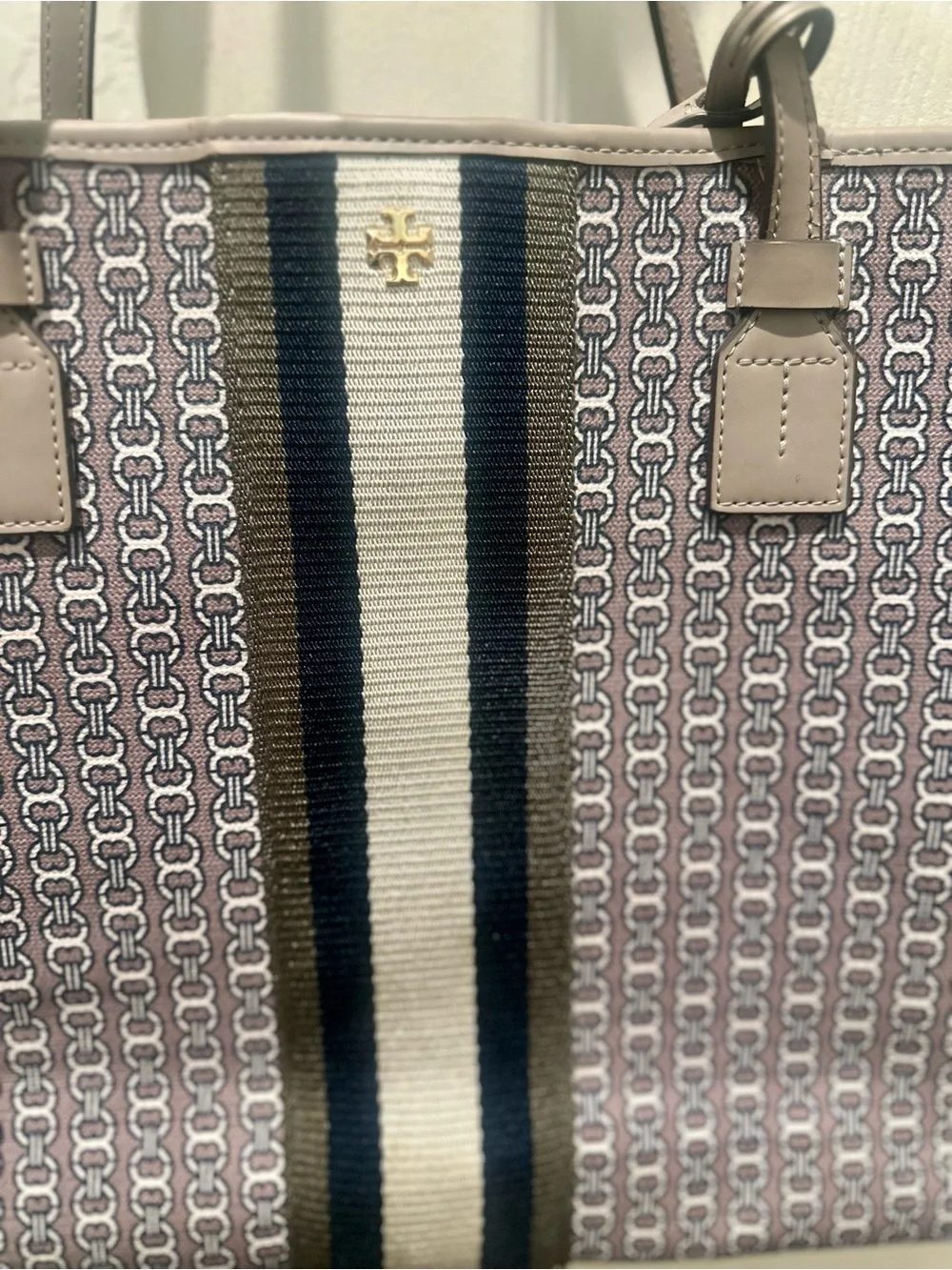 Tory Burch Gemini Link Canvas Tote Bag Gray/Taupe Stripe Shoulder Bag
